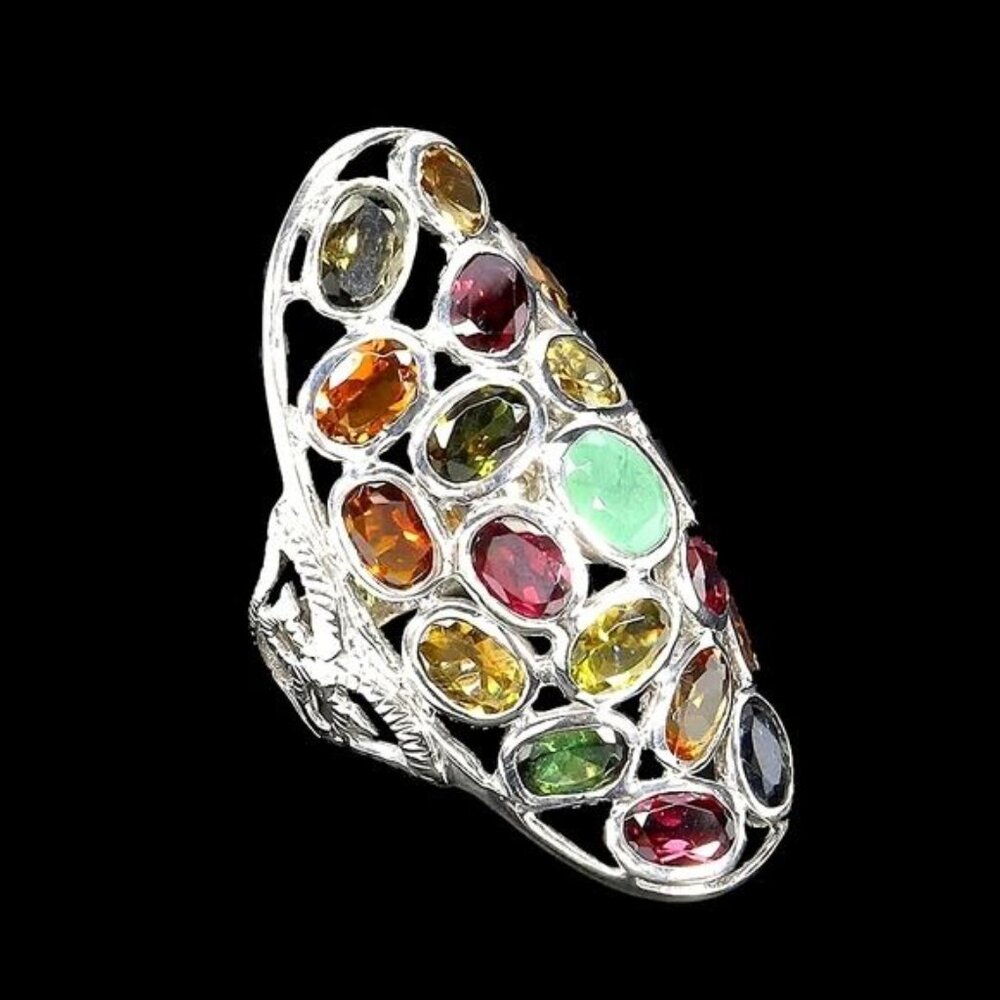 Natural Multi Color Tourmaline 7x5mm & Emerald 925 Sterling Silver‎ Ring Sz 8.25
